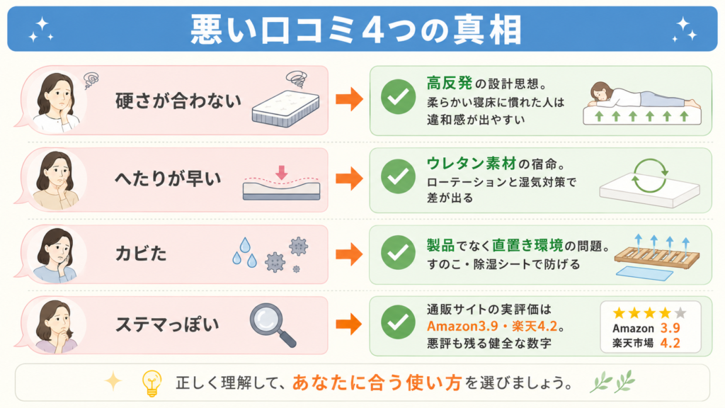 薄い敷布団は腰やお尻に体重が集中して底つきするが、厚み13cmの雲のやすらぎプレミアムでは体圧が分散され一点への負担が減ることを示す断面比較図。