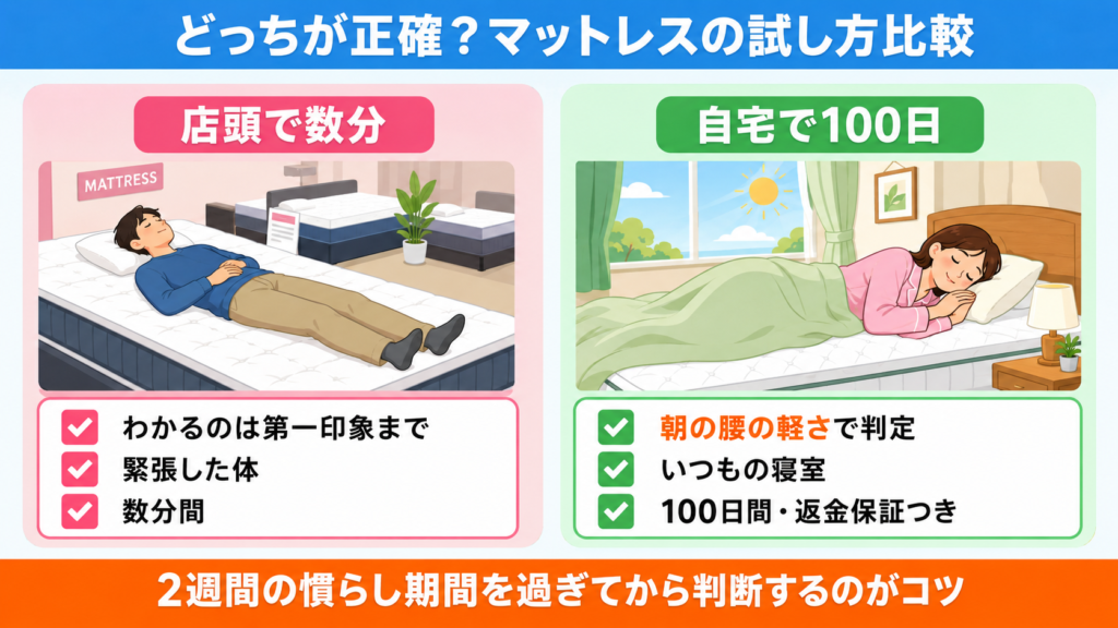 マットレスの試し方比較図。店頭の数分では第一印象しかわからないが、雲のやすらぎは100日返金保証で自宅の寝室で試せるため朝の腰の軽さで正確に判定できる。