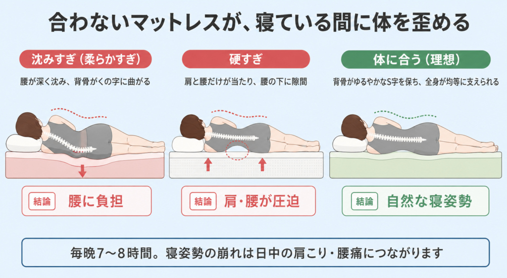 合わないマットレスが体に及ぼす影響をわかり易く解説した図解。