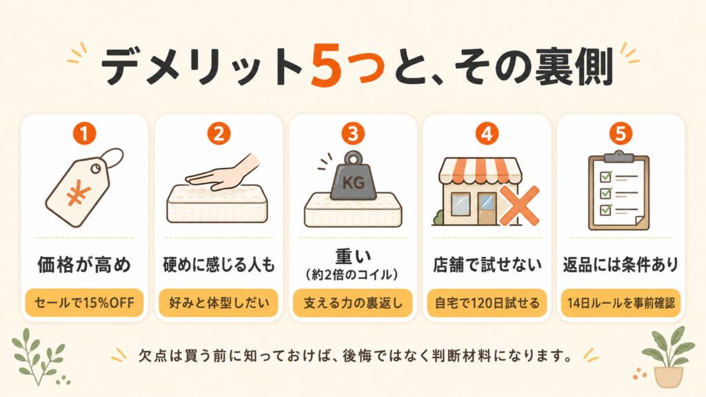 ネルマットレスのデメリット5つの早見図。価格が高め、硬めに感じる人がいる、重い、店舗で試せない、返品には条件があるという欠点と、それぞれの緩和策をセットで柔道整復師が整理した図解