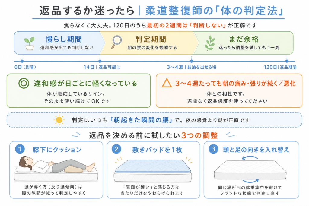 ネルマットレスを返品するか迷ったときの体の判定法。120日トライアルの慣らし期間と判定期間、朝の腰でチェックする方法と返品前に試す3つの調整をまとめた図解