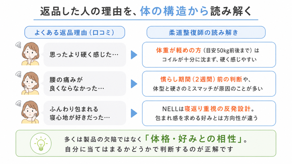 ネルマットレスを返品した人の理由3つを柔道整復師が体の構造から読み解いた図解。硬く感じる・腰痛が良くならない・好みが合わない理由は体格との相性で説明できる