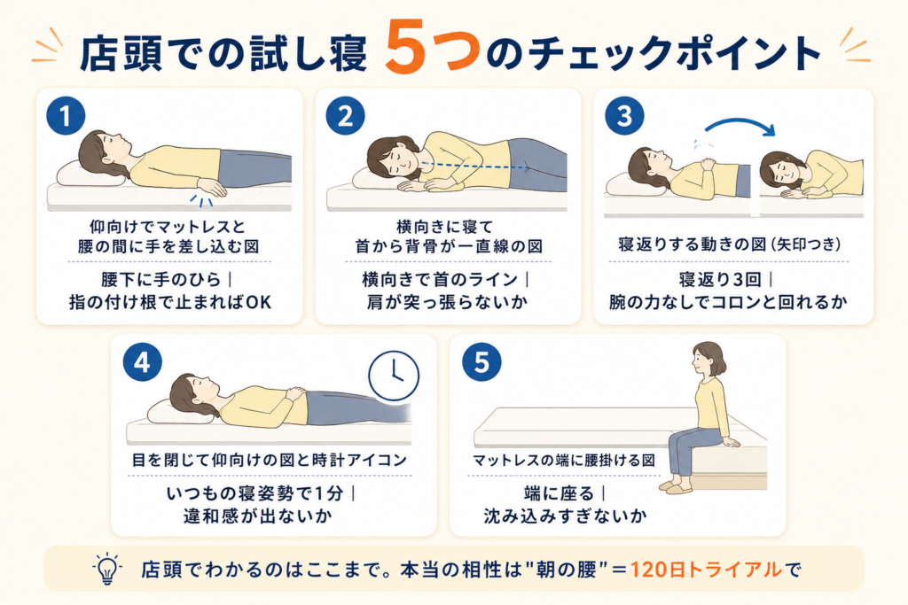マットレスを店頭で試すときの柔道整復師直伝5つのチェックポイント。仰向けで腰の下に手のひらを差し込み指の付け根で止まるかを見る、横向きの首のライン、寝返り3回、1分間目を閉じる、端に腰掛けるという手順の図解
