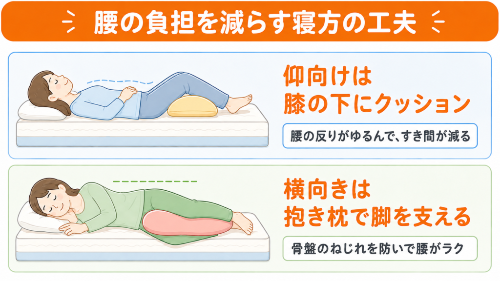 腰の負担を減らす寝方の工夫の図解。仰向けは膝の下にクッションを入れて腰の反りをゆるめ、横向きは抱き枕で上側の脚を支えて骨盤のねじれを防ぎます。