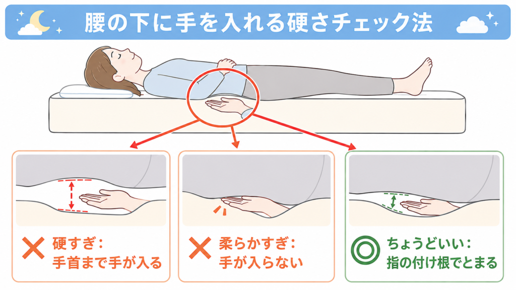 仰向けで腰の下に手のひらを入れるマットレスの硬さチェック法の図解。硬すぎ・柔らかすぎ・ちょうどいいの3パターンを断面イラストで示しています。