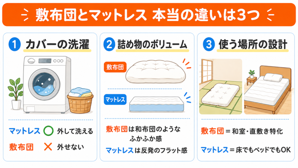 雲のやすらぎの敷布団とマットレスの本当の違い3つの図解。カバー洗濯の可否・詰め物のボリューム・使う場所の設計で選び分けます。
