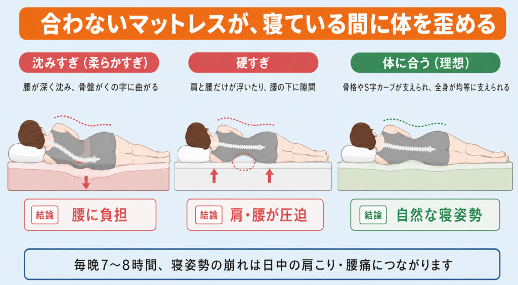 マットレスの硬さで寝姿勢がどう変わるかを横向き断面で比較した図解。沈みすぎ・硬すぎ・理想の3パターンで、咲夜レアルの硬さ選びも同じ原理