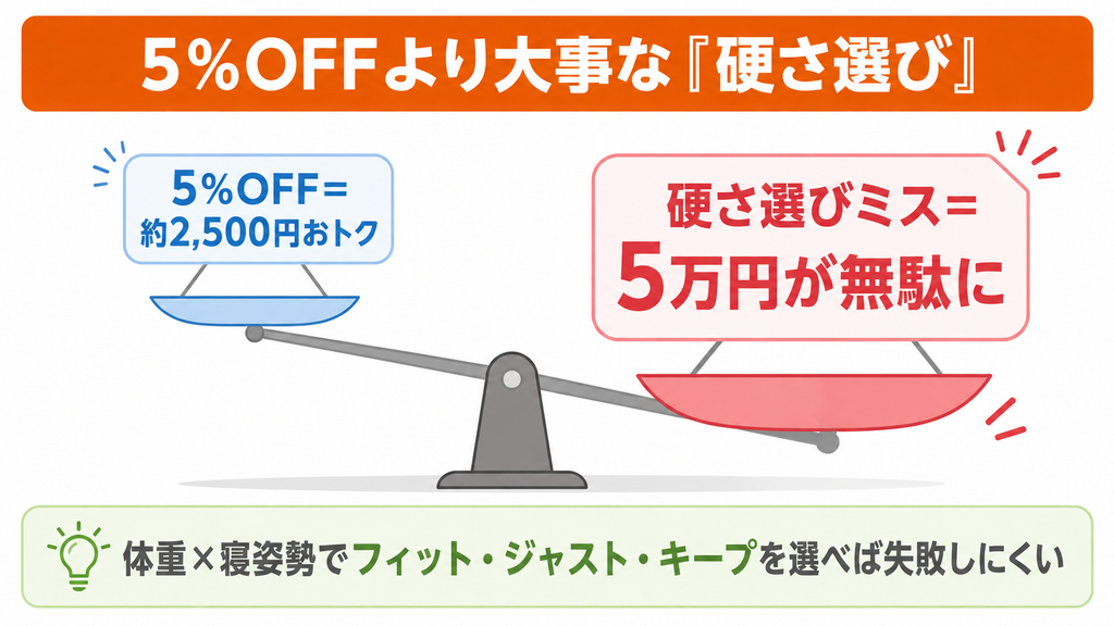 源ベッドは5%OFFの2,500円より硬さ選びが重要。硬さを間違えると5万円が無駄になる。体重と寝姿勢でフィット・ジャスト・キープを選ぶ