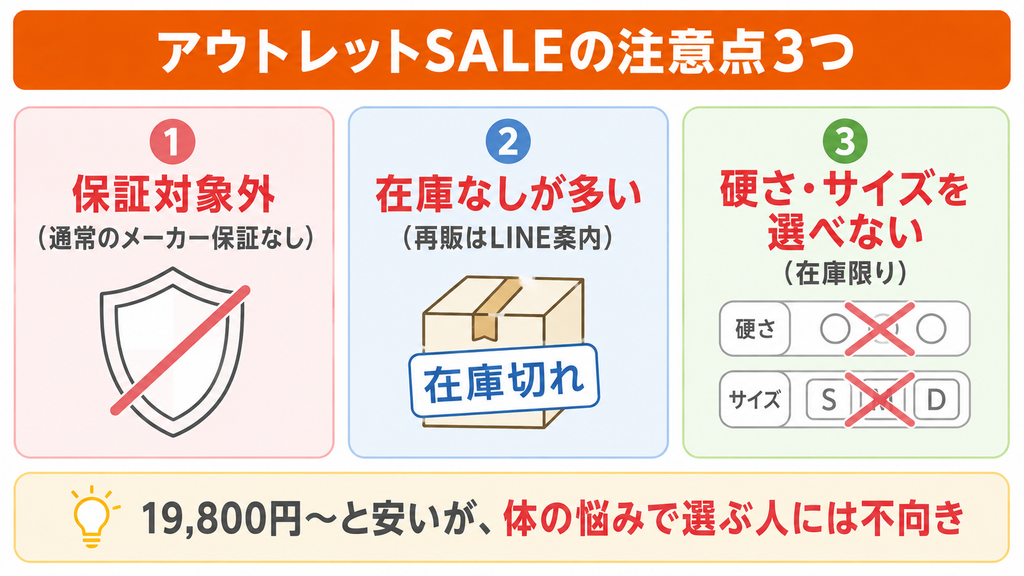 源ベッドアウトレットの注意点3つ。保証対象外、在庫なしが多い、硬さやサイズを選べない。安さ重視向けで体の悩みで選ぶ人には不向き