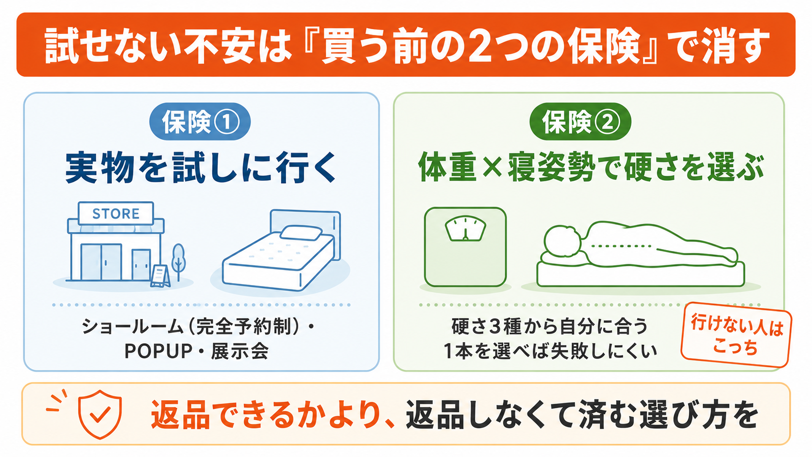 返金保証がない源ベッドで失敗しないための買う前の2つの保険。ショールームやPOPUPで実物を試すか、体重と寝姿勢で硬さを選ぶ