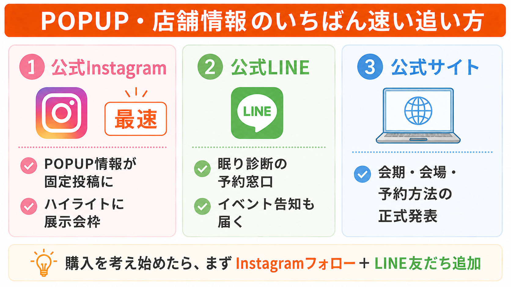 源ベッドのPOPUPや店舗の最新情報の追い方。公式Instagramの固定投稿が最速で、公式LINEは眠り診断の予約窓口、公式サイトで正式発表を確認