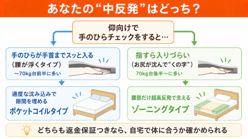 反り腰の人向けマットレス診断の図解。手のひらチェックで手首まで入る腰が浮くタイプはポケットコイル、指すら入りづらい沈むタイプは腰部ゾーニング構造が中反発になりやすいことを2分岐で示しています。