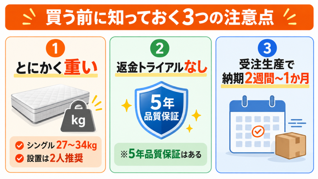 咲夜レアル購入前の注意点3つ。重量27〜34kg、返金トライアルなし(5年保証あり)、受注生産で納期2週間から1か月