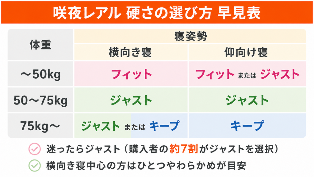 咲夜レアルのフィット・ジャスト・キープを体重と寝姿勢で選び分ける早見表。迷ったらジャスト、横向き寝はひとつやわらかめが目安