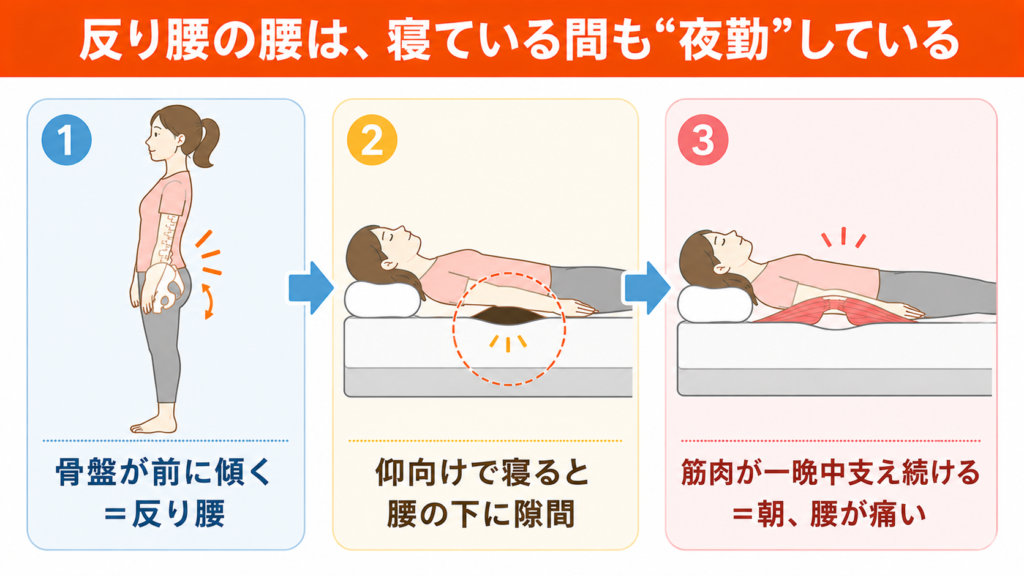 反り腰だと朝起きると腰が痛い理由の図解。骨盤の前傾で仰向け時に腰の下へ隙間ができ、腰の筋肉が一晩中支え続けることで朝に痛みが出る仕組みを3ステップで説明しています。