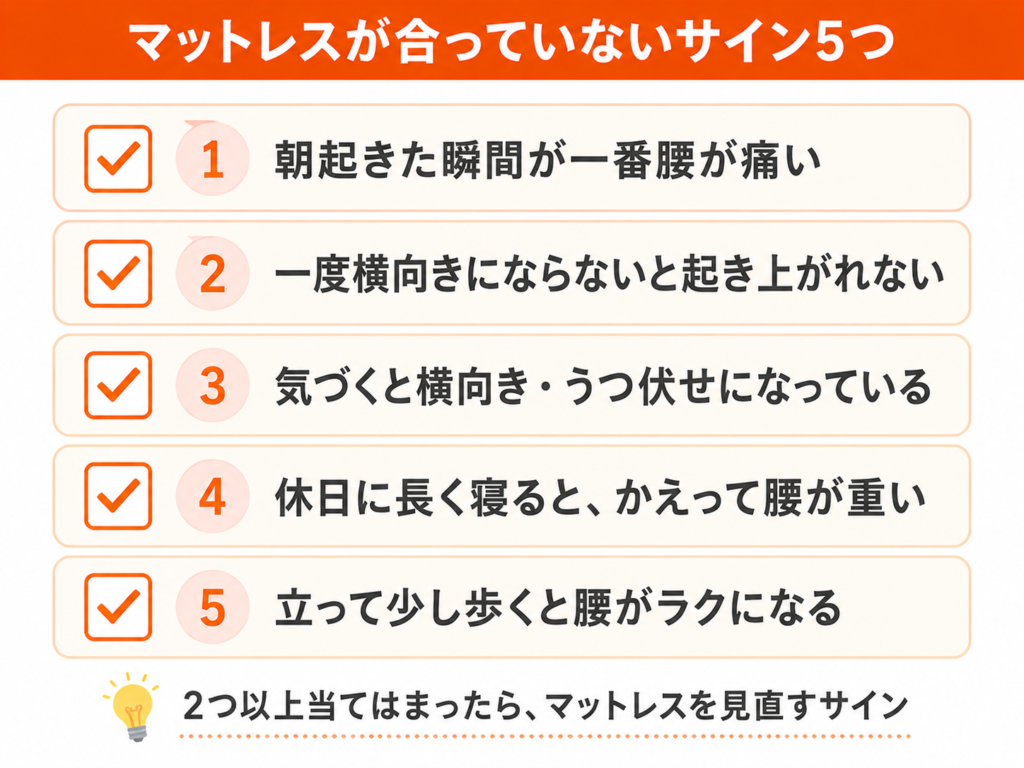 マットレスが反り腰に合っていないサイン5つのチェックリスト図解。朝一番の腰痛や起き上がりにくさなど、2つ以上当てはまればマットレス見直しのサインです。