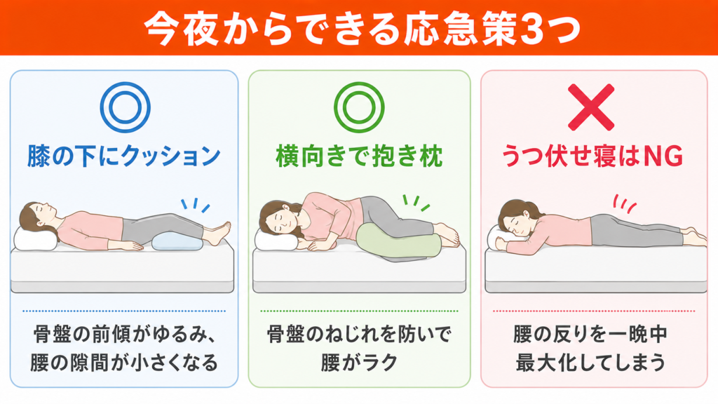 反り腰の人が今夜からできる応急策の図解。膝の下にクッションを入れる、横向きで抱き枕を挟むのが有効で、腰の反りを強めるうつ伏せ寝は避けるべきです。