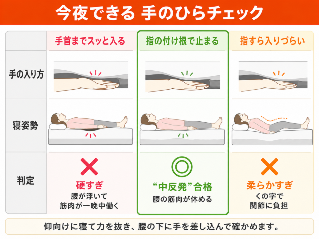 反り腰の人がマットレスの硬さを確かめる手のひらチェックの図解。仰向けで腰の下に手のひらが手首までスッと入るなら硬すぎ、指すら入りづらいなら柔らかすぎ、指の付け根で止まれば中反発で合格です。