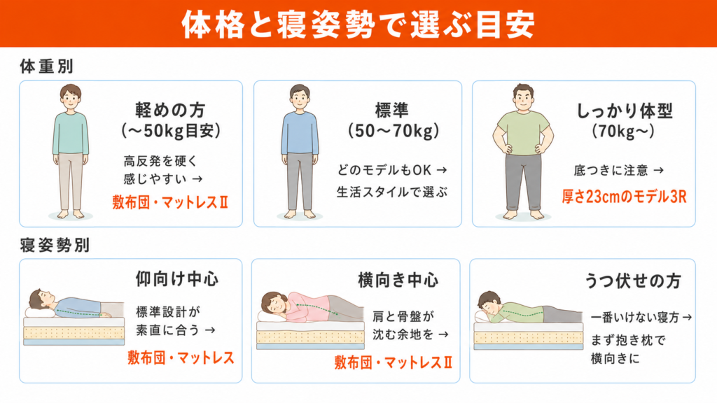 体格と寝姿勢からマットレスを選ぶ目安の図解。体重別(軽め・標準・しっかり体型)と寝姿勢別(仰向け・横向き・うつ伏せ)で、雲のやすらぎのどのモデルが合いやすいかを整理しています。