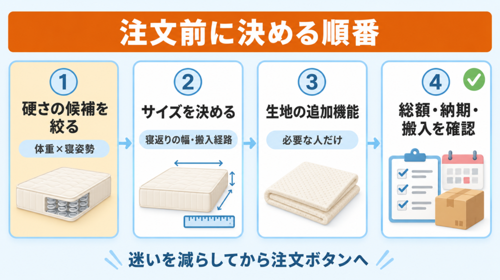 咲夜レアルを注文する前に決める順番を4ステップで示した図解。硬さの候補、サイズ、生地の追加機能、総額と納期の確認の順に整理