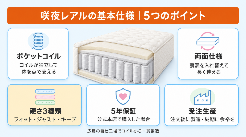 咲夜レアルマットレスの基本仕様をまとめた図解。ポケットコイル構造・両面仕様・3つの硬さ・5年保証・受注生産の5項目を整理