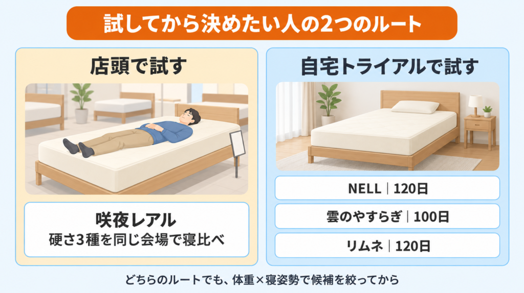自宅トライアルの有無で比べた4商品の図解。咲夜レアルは店頭で試す、NELL・雲のやすらぎ・リムネは自宅トライアルで試すという分岐を示す