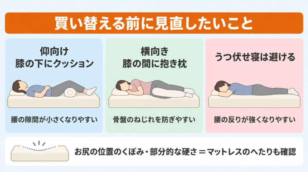反り腰の人が買い替える前に見直したいことの図解。仰向けでは膝の下にクッション、横向きでは膝の間に抱き枕、うつ伏せ寝は避ける。マットレスのへたりも確認する