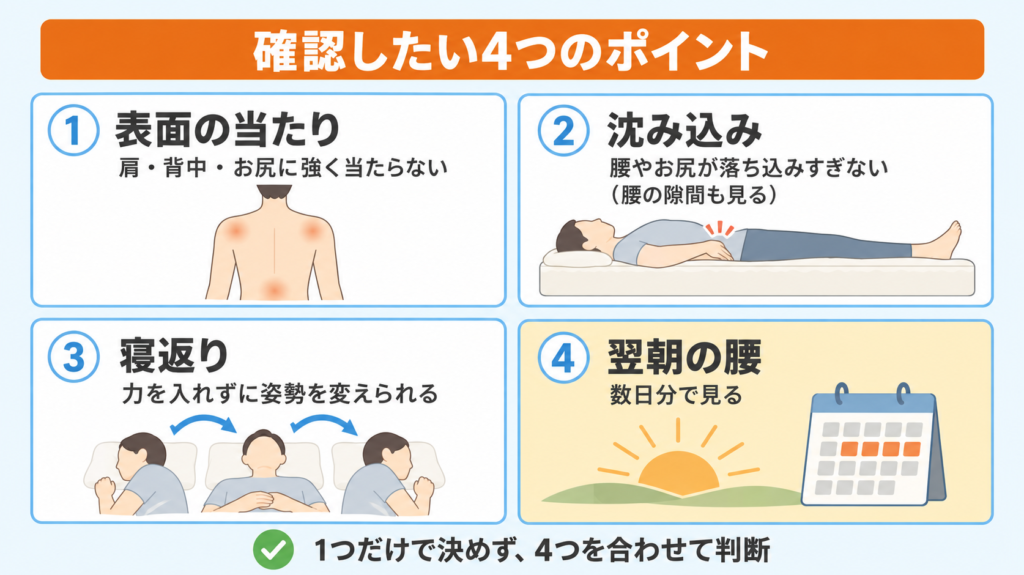 反り腰の人がマットレスを確かめる4つの確認ポイントの図解。表面の当たり、沈み込み、寝返り、翌朝の腰の4つを合わせて見て、腰の隙間だけで決めない