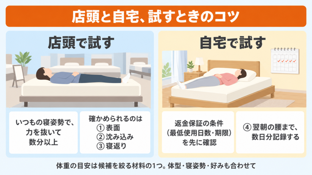 反り腰の人がマットレスを店頭と自宅で試すときのコツの図解。店頭ではいつもの寝姿勢で表面・沈み込み・寝返りを確かめ、自宅では返金保証の条件を先に確認して翌朝の腰まで数日分見る