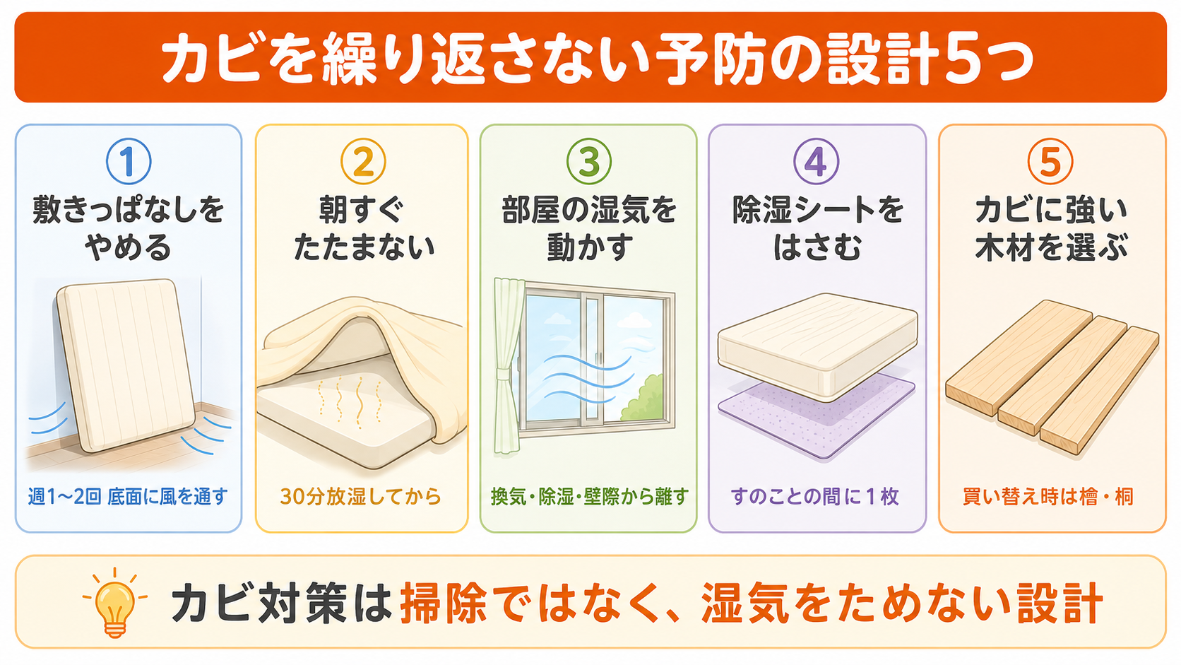 すのこベッドのカビを繰り返さない予防の設計5つ。敷きっぱなしをやめる、朝すぐたたまない、湿気を動かす、除湿シート、カビに強い木材選びの図解