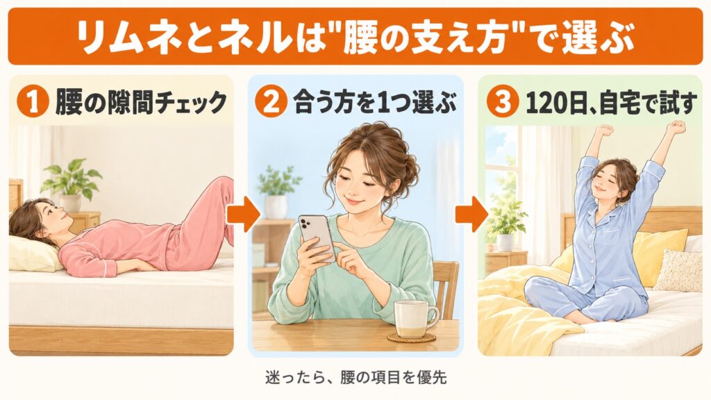 リムネとネルマットレスで迷ったときの選び方の3ステップ。腰の隙間チェック、合う方を選ぶ、自宅で試す