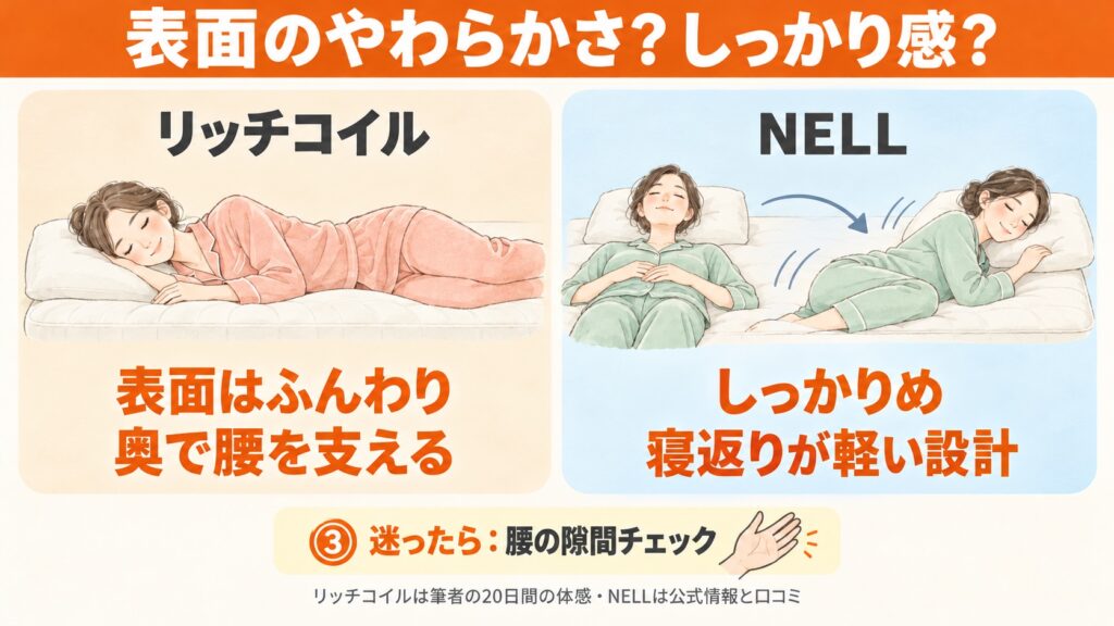 リムネのリッチコイルとNELLマットレスの寝心地の違い。表面で受け止めて奥で腰を支えるリッチコイルと、しっかりめで寝返りが軽い設計のNELLの比較