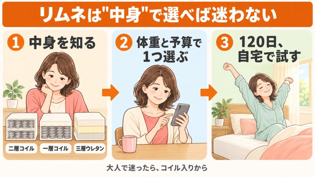 リムネマットレスで迷ったときの選び方の3ステップ。中身を知る、体重と予算で選ぶ、自宅で試す