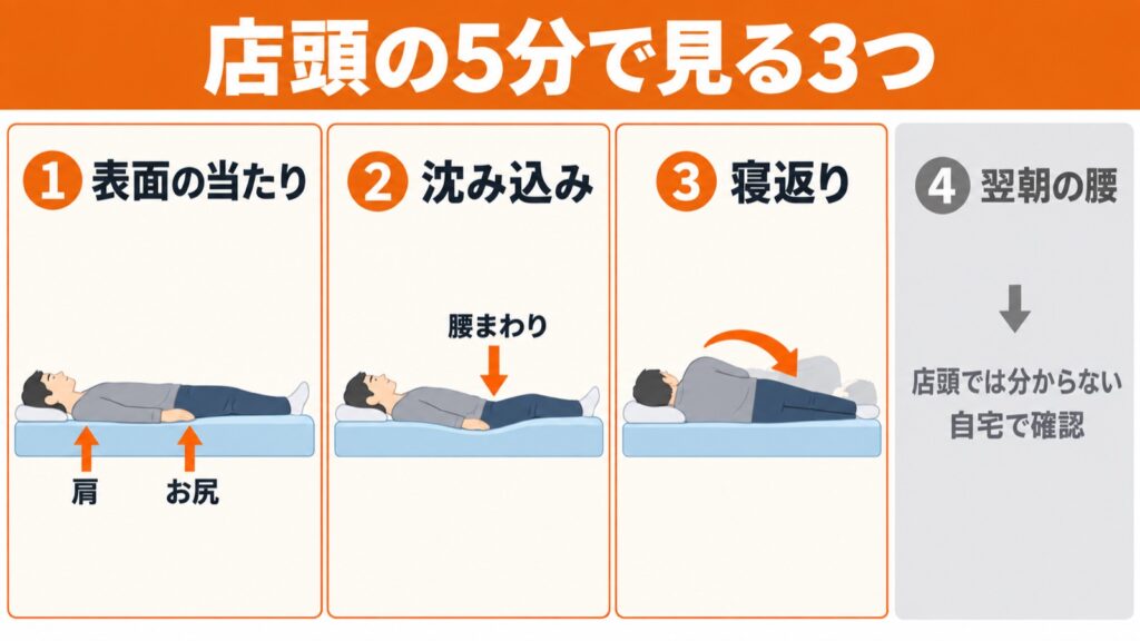 リムネマットレスを店頭で試すときの3つのポイント。表面の当たり、沈み込み、寝返りのしやすさ。翌朝の腰は自宅で確認