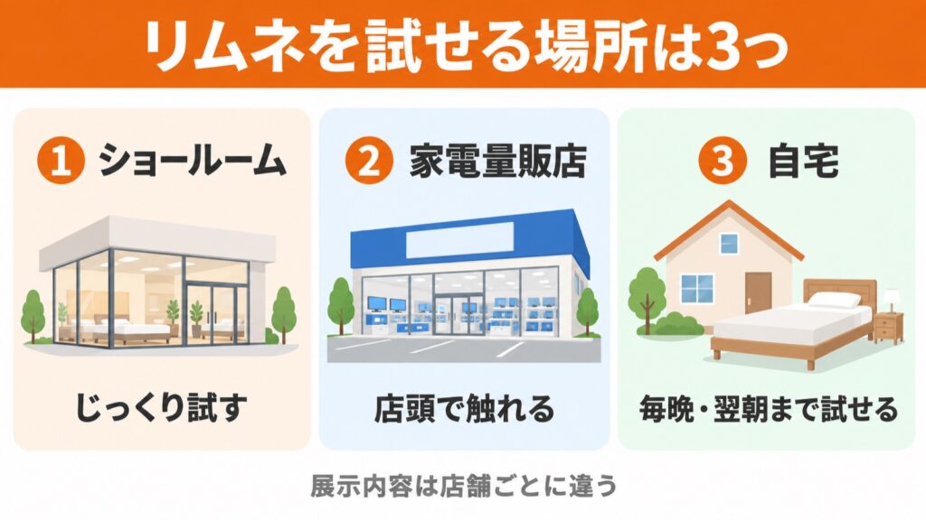 リムネマットレスを試せる3つの場所。ショールーム・家電量販店・自宅の返金保証で試す方法の比較図