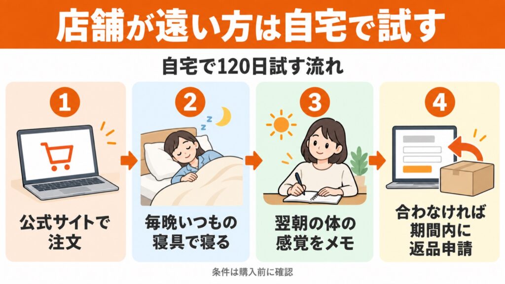 近くにリムネの店舗がない方が自宅で120日間試す流れ。注文、毎晩寝る、翌朝の感覚を記録、期間内の返品申請