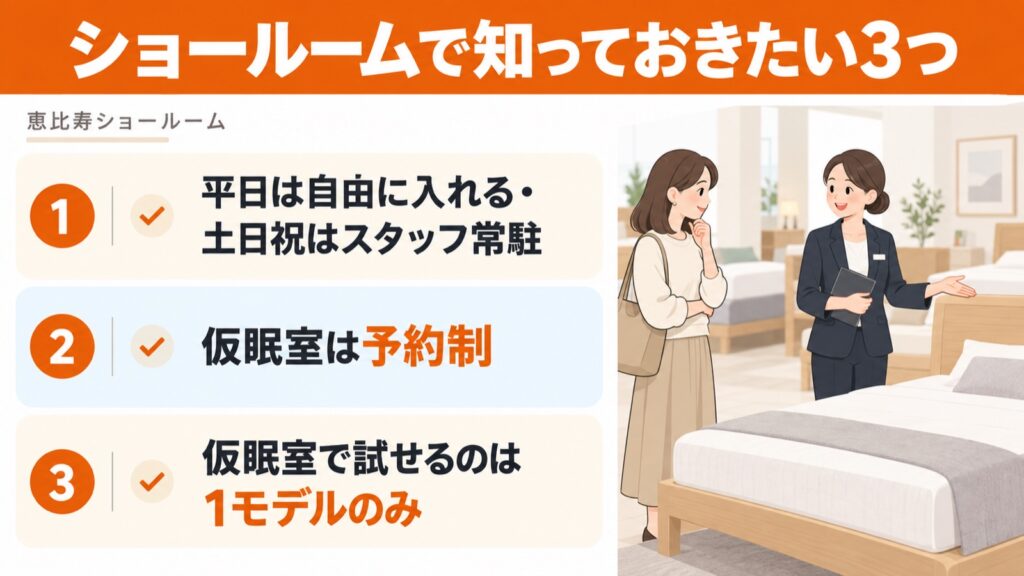 リムネ恵比寿ショールームで知っておきたいこと。スタッフ常駐の曜日、予約制の仮眠室、仮眠室で試せるモデル