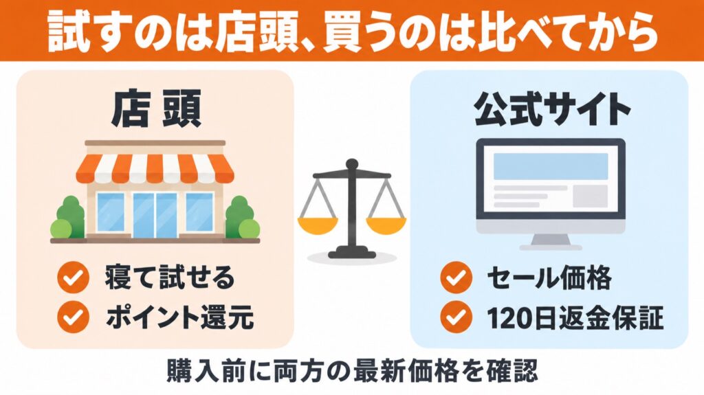 リムネマットレスを店頭で試すか公式サイトで買うかの比較。店頭は寝て試せる、公式サイトはセール価格と返金保証