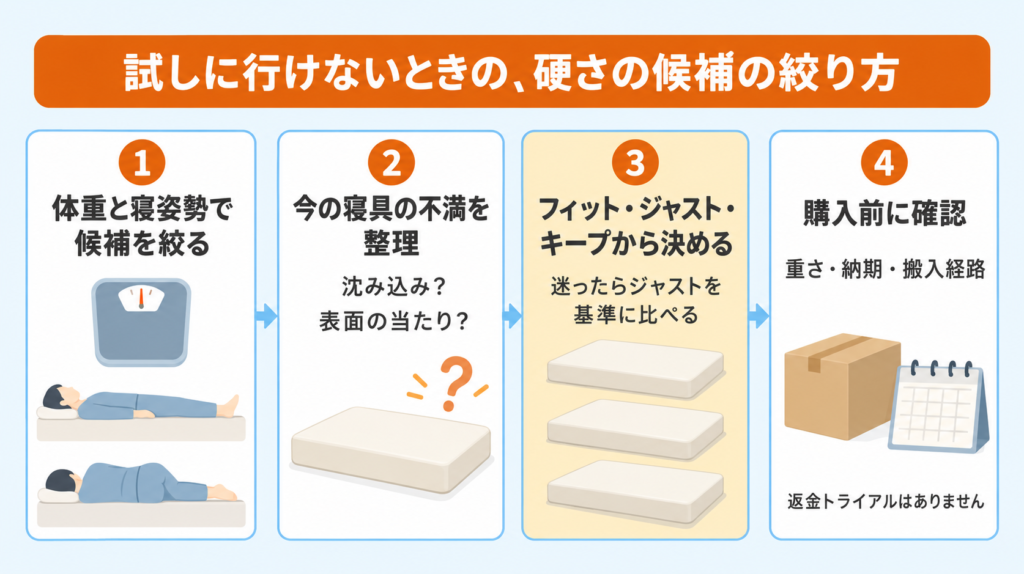 源ベッドを試しに行けないときの硬さの候補の絞り方。体重と寝姿勢で候補を絞り、今の寝具の不満を整理し、フィット・ジャスト・キープから決め、重さ・納期・搬入を購入前に確認する流れの図解