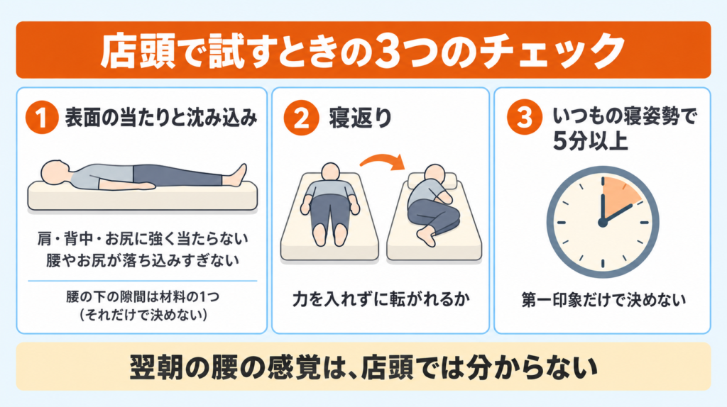 マットレスを店頭で試すときの3つのチェック。表面の当たりと沈み込み、寝返りのしやすさ、いつもの寝姿勢で5分以上。腰の下の隙間は判断材料の1つで、翌朝の腰は店頭では分からない