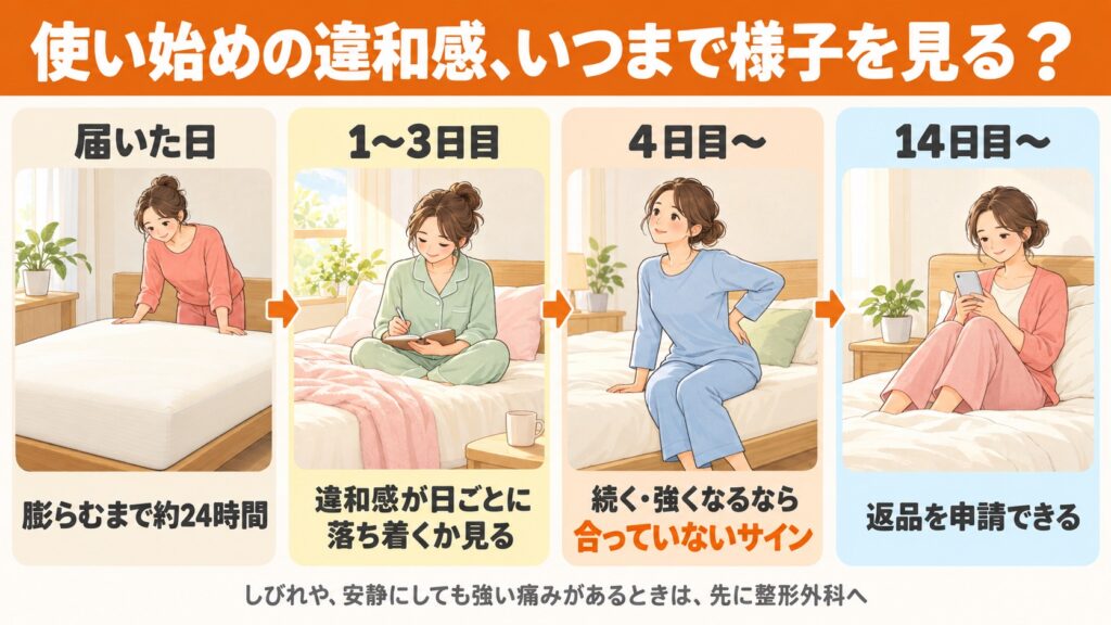 ネルマットレスを使い始めたときの違和感の見分け方。届いた日は膨らむまで約24時間、1〜3日目は違和感が落ち着くかを見て、4日目以降も続くなら合っていないサイン、14日目から返品を申請できる