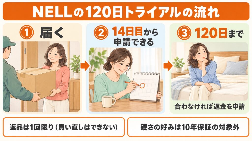 ネルマットレスの120日トライアルの流れ。届いてから14日目以降、120日までに返金を申請でき、返品は1回限りで硬さの好みは10年保証の対象外